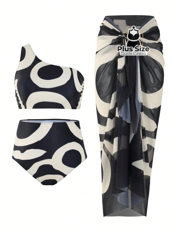 Conjunto De 3 Peças Biquíni E Pareô Plus Size Várias Estampas 0Xl / Preto Off White