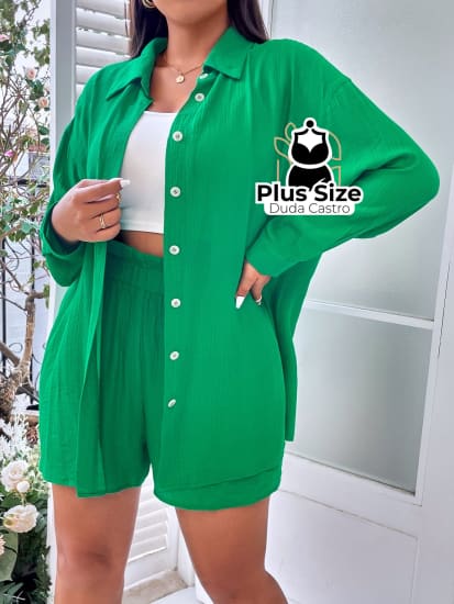 Conjunto De Blusa Botão E Short Várias Cores Plus Size