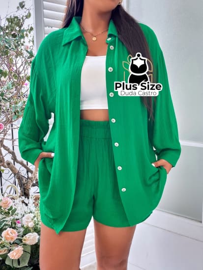 Conjunto De Blusa Botão E Short Várias Cores Plus Size G / Verde