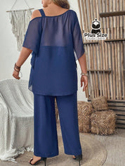 Conjunto de Blusa com Gola Assimétrica e Calça Várias Cores Plus Size Conjunto de Blusa com Gola Assimétrica e Calça
