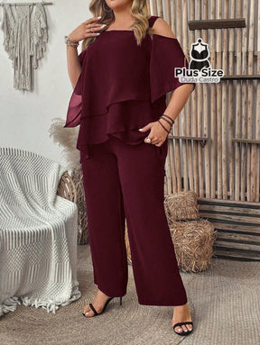 Conjunto de Blusa com Gola Assimétrica e Calça Várias Cores Plus Size Conjunto de Blusa com Gola Assimétrica e Calça
