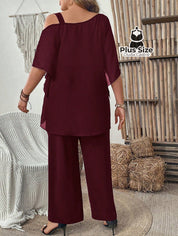 Conjunto de Blusa com Gola Assimétrica e Calça Várias Cores Plus Size Conjunto de Blusa com Gola Assimétrica e Calça