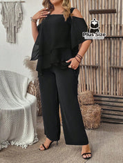 Conjunto de Blusa com Gola Assimétrica e Calça Várias Cores Plus Size Conjunto de Blusa com Gola Assimétrica e Calça