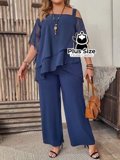 Conjunto De Blusa Com Gola Assimétrica E Calça Várias Cores Plus Size G / Azul Marinho Conjunto