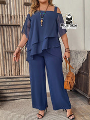 Conjunto De Blusa Com Gola Assimétrica E Calça Várias Cores Plus Size G / Azul Marinho Conjunto