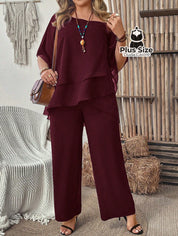 Conjunto de Blusa com Gola Assimétrica e Calça Várias Cores Plus Size G / Vinho Conjunto de Blusa com Gola Assimétrica