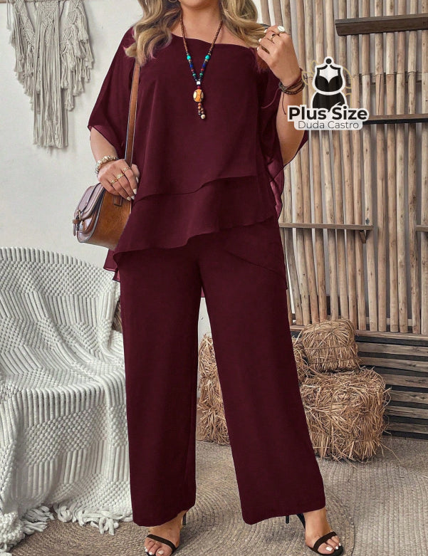  Vinho Conjunto de Blusa com Gola Assimétrica