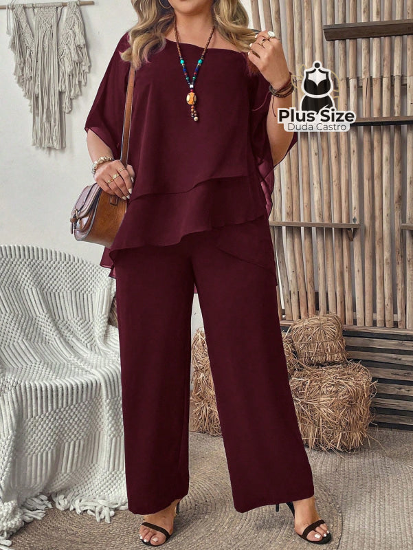 Conjunto de Blusa com Gola Assimétrica e Calça Várias Cores Plus Size G / Vinho Conjunto de Blusa com Gola Assimétrica