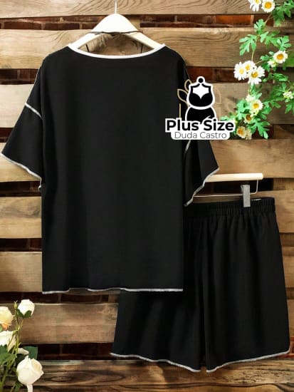 Conjunto De Blusa E Bermuda Com Costura Contrastante Várias Cores Plus Size