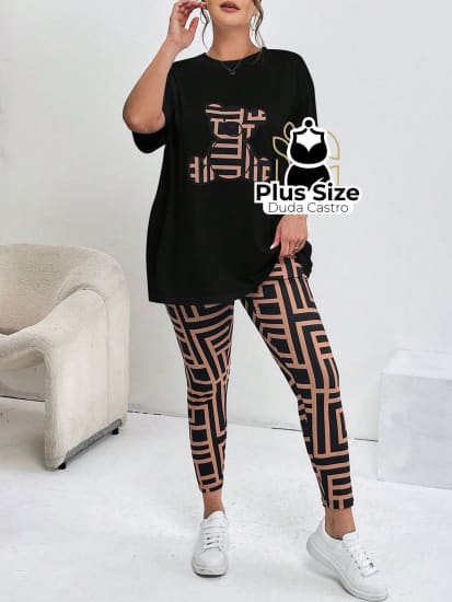 Conjunto De Blusa E Legging Várias Cores Plus Size G / Preto Com Bege