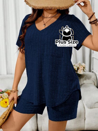 Conjunto De Blusa Gola V E Bermuda Canelados Várias Cores Plus Size