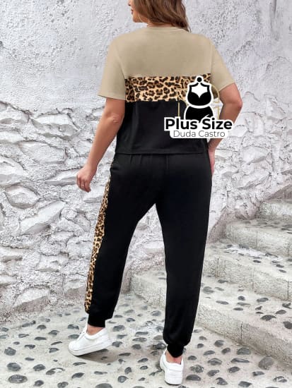 Conjunto De Calça E Blusa Com Detalhe Em Animal Print Plus Size