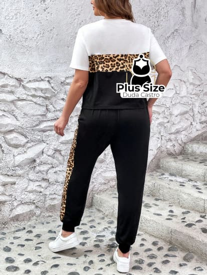 Conjunto De Calça E Blusa Com Detalhe Em Animal Print Plus Size