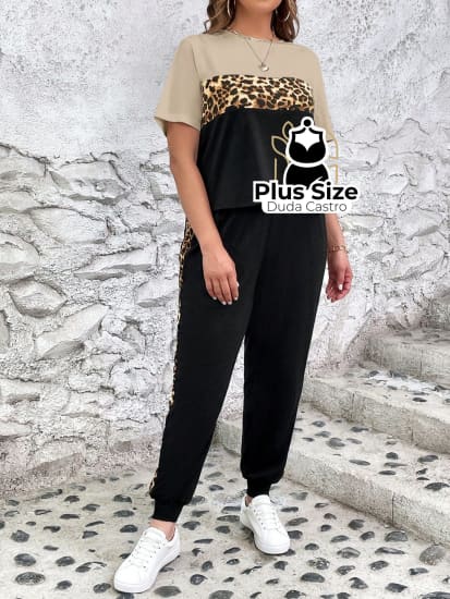 Conjunto De Calça E Blusa Com Detalhe Em Animal Print Plus Size