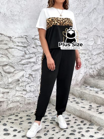 Conjunto De Calça E Blusa Com Detalhe Em Animal Print Plus Size