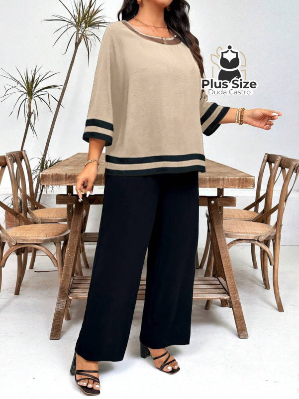 Conjunto de Calça e Blusa Redonda com Detalhes em Contraste Plus Size Conjunto de Calça e Blusa Redonda com Detalhes em