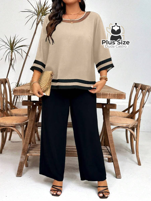 Conjunto de Calça e Blusa Redonda com Detalhes em Contraste Plus Size G / Caqui Conjunto de Calça e Blusa Redonda com