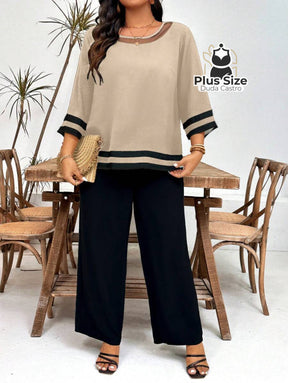 Conjunto de Calça e Blusa Redonda com Detalhes em Contraste Plus Size G / Caqui Conjunto de Calça e Blusa Redonda com