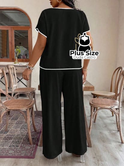 Conjunto De Calça E Blusa Preto Branco Plus Size