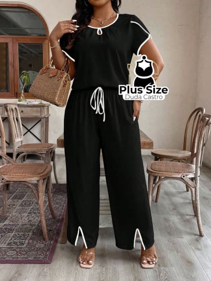 Conjunto De Calça E Blusa Preto Branco Plus Size