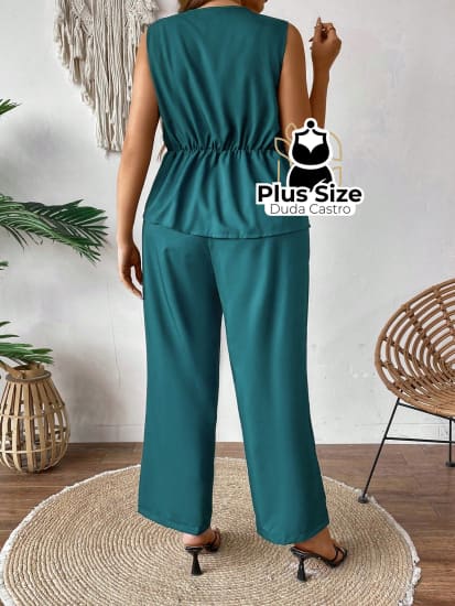 Conjunto De Calça E Blusa Sem Manga Com Detalhe Em Nó Trançado Plus Size Várias Cores