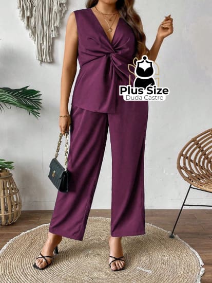 Conjunto De Calça E Blusa Sem Manga Com Detalhe Em Nó Trançado Plus Size Várias Cores