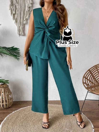 Conjunto De Calça E Blusa Sem Manga Com Detalhe Em Nó Trançado Plus Size Várias Cores