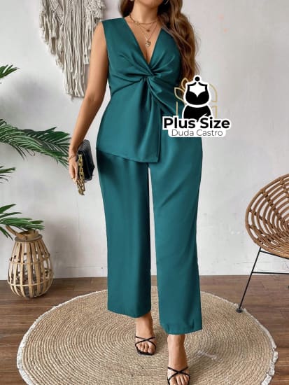 Conjunto De Calça E Blusa Sem Manga Com Detalhe Em Nó Trançado Plus Size Várias Cores G / Verde