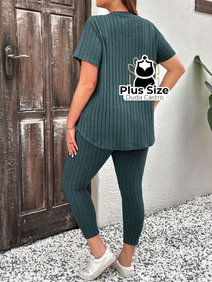 Conjunto De Calça Legging E Blusa Canelada Plus Size Várias Cores