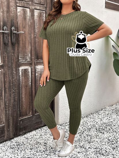 Conjunto De Calça Legging E Blusa Canelada Plus Size Várias Cores