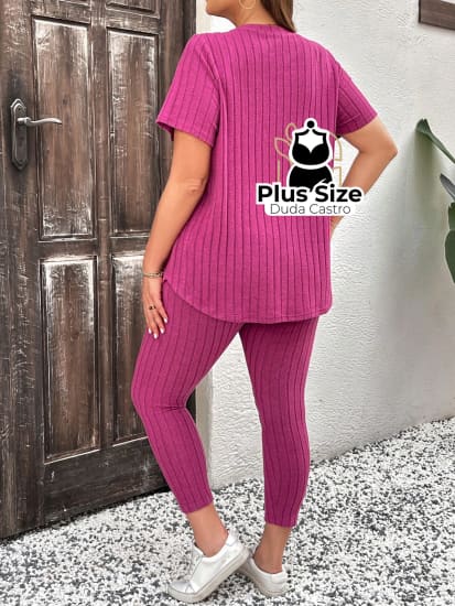 Conjunto De Calça Legging E Blusa Canelada Plus Size Várias Cores