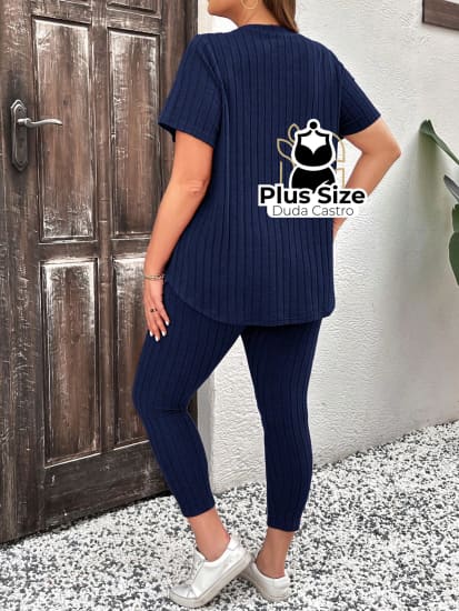 Conjunto De Calça Legging E Blusa Canelada Plus Size Várias Cores