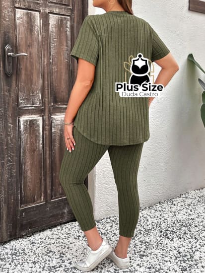 Conjunto De Calça Legging E Blusa Canelada Plus Size Várias Cores