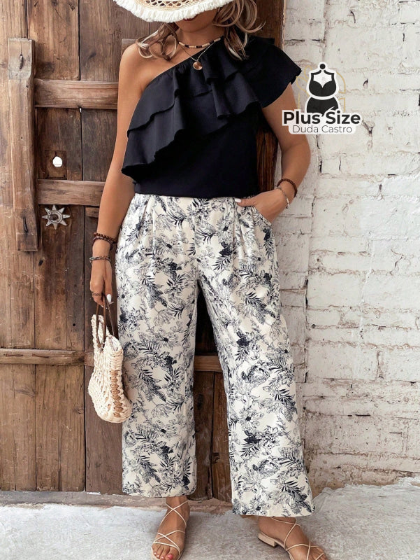 Conjunto De Camisa Com Babados Assimétrica E Calça Estampa Plantas Plus Size Várias Cores G /