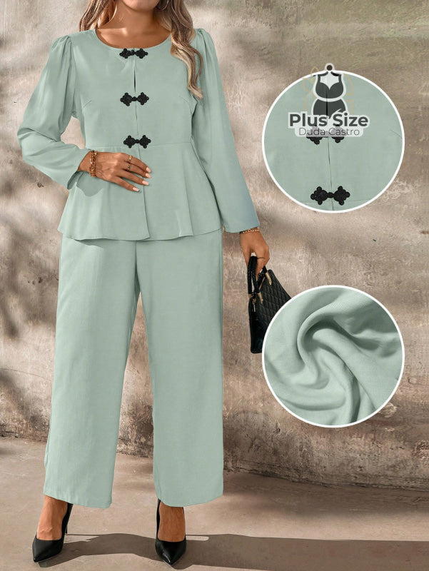 Conjunto de Camisa com Botões e Calça Manga Bufante Plus Size Várias Cores Conjunto de Camisa com Botões e Calça Manga
