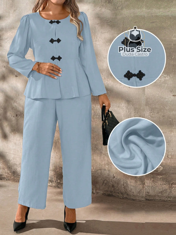 Conjunto de Camisa com Botões e Calça Manga Bufante Plus Size Várias Cores Conjunto de Camisa com Botões e Calça Manga