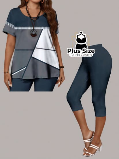 Conjunto De Camisa E Legging 3/4 Várias Listras Plus Size