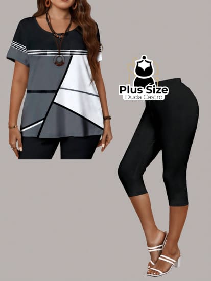 Conjunto De Camisa E Legging 3/4 Várias Listras Plus Size