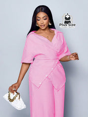 Conjunto de Camisa Listras com Detalhes em Botões e Bainha Assimétrica Calça de Perna Larga Plus Size Várias Cores