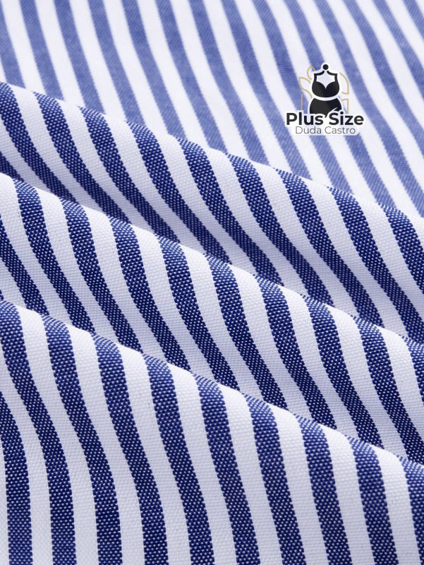 Conjunto de Camisa Listras com Detalhes em Botões e Bainha Assimétrica Calça de Perna Larga Plus Size Várias Cores
