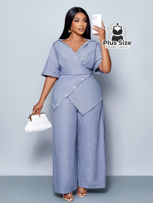 Conjunto de Camisa Listras com Detalhes em Botões e Bainha Assimétrica Calça de Perna Larga Plus Size Várias Cores