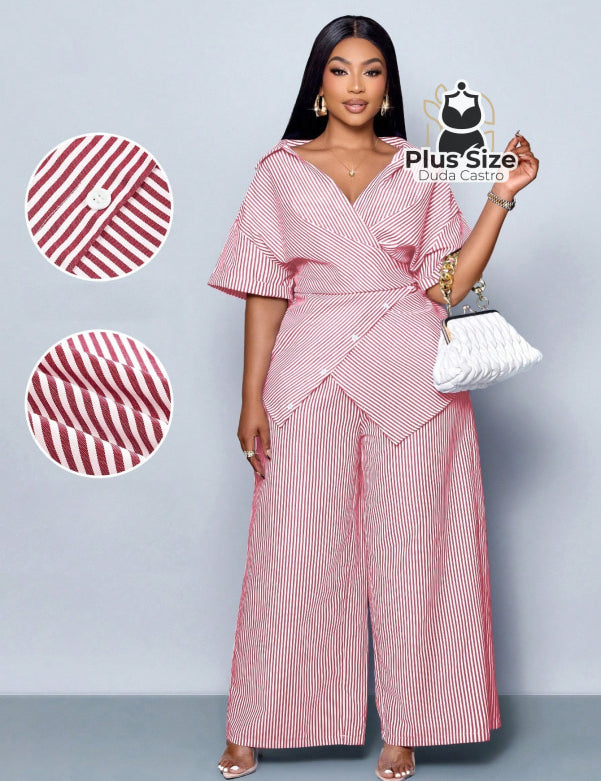 Conjunto de Camisa Listras com Detalhes em Botões e Bainha Assimétrica Calça de Perna Larga Plus Size Várias Cores G