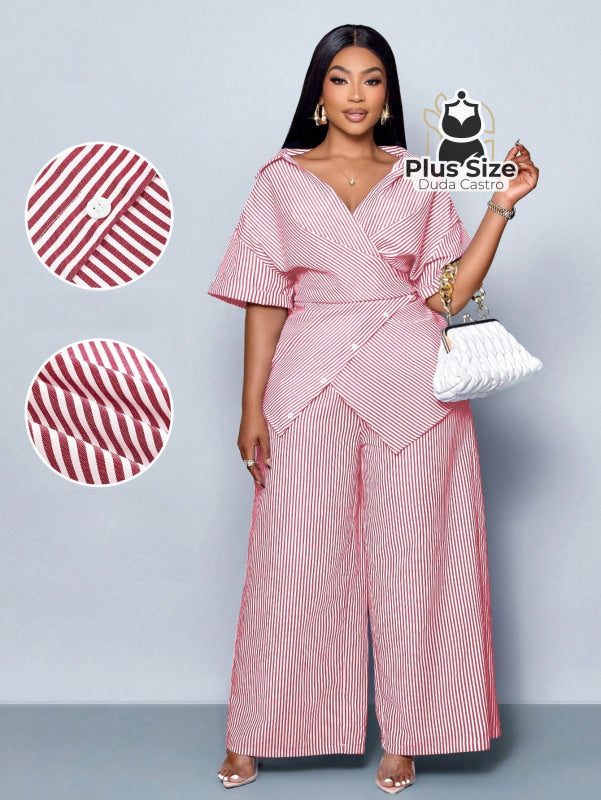 Conjunto de Camisa Listras com Detalhes em Botões e Bainha Assimétrica Calça de Perna Larga Plus Size Várias Cores G
