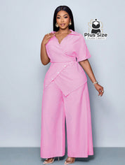 Conjunto de Camisa Listras com Detalhes em Botões e Bainha Assimétrica Calça de Perna Larga Plus Size Várias Cores