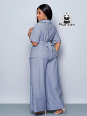 Conjunto de Camisa Listras com Detalhes em Botões e Bainha Assimétrica Calça de Perna Larga Plus Size Várias Cores