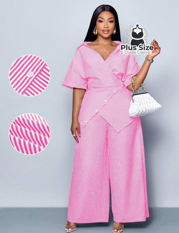 Conjunto de Camisa Listras com Detalhes em Botões e Bainha Assimétrica Calça de Perna Larga Plus Size Várias Cores G