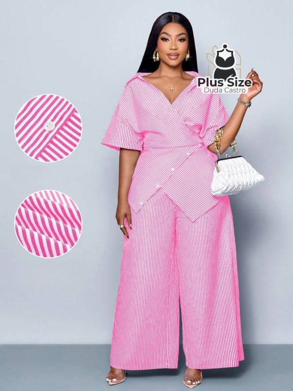 Conjunto de Camisa Listras com Detalhes em Botões e Bainha Assimétrica Calça de Perna Larga Plus Size Várias Cores G