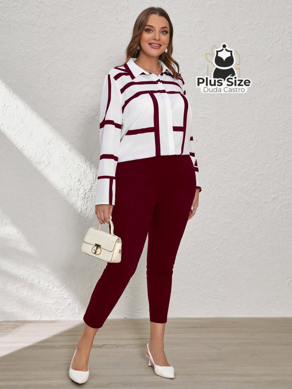 Conjunto de Legging e Blusa de Botões com Estampa Geométrica Plus Size Conjunto de Legging e Blusa de Botões com