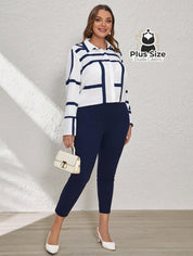 Conjunto de Legging e Blusa de Botões com Estampa Geométrica Plus Size Conjunto de Legging e Blusa de Botões com