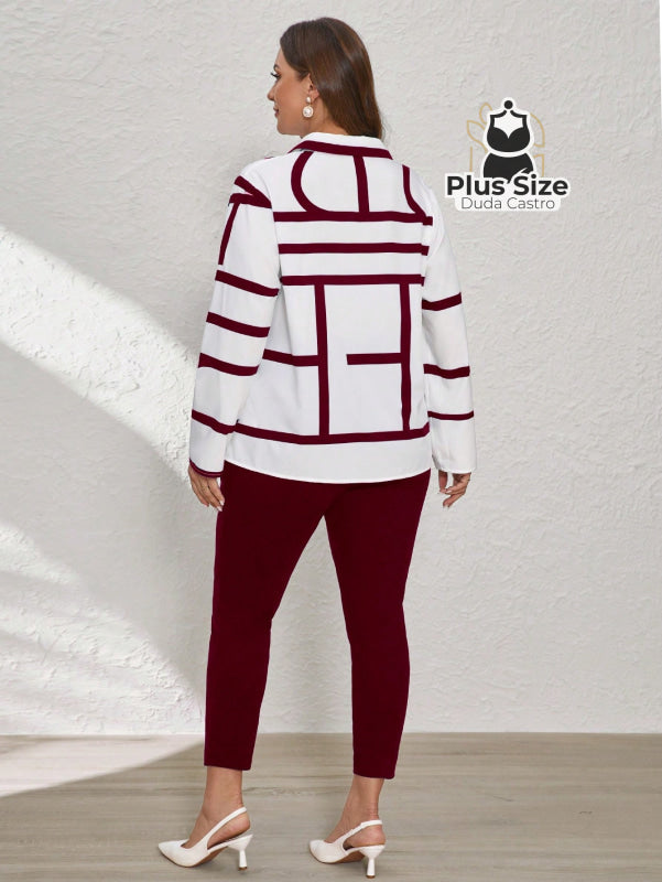 Conjunto de Legging e Blusa de Botões com Estampa Geométrica Plus Size Conjunto de Legging e Blusa de Botões com